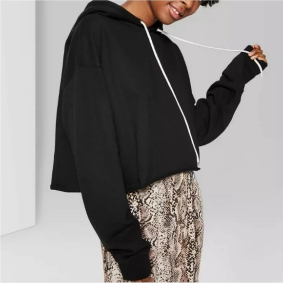 Wild Fable |‎ Cropped Sweatshirt Hoodie Jacket Basic Black Oversized Raw Edge - Picture 5 of 6